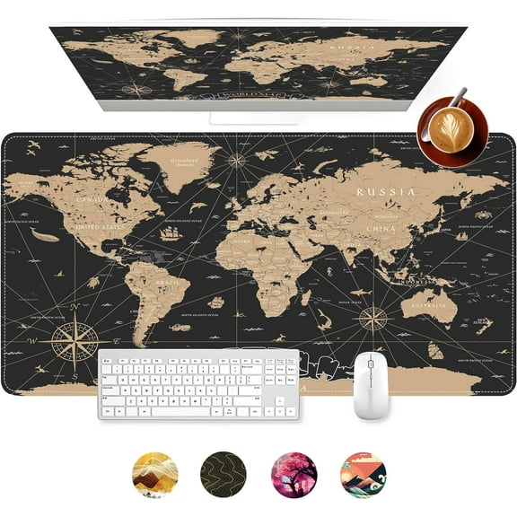 Gaming Mouse Pad for Desk, Vintage World Map Office Large Desk Mat, 31.5x15.7 Inch Long Computer Keyboard Mousepad with Non-Slip Base and Stitched Edge, Gifts for Him
