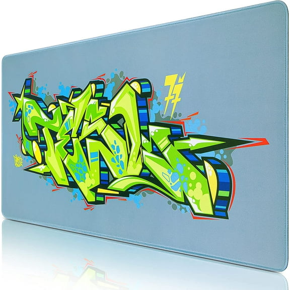 Gaming Mouse Pad, Extended Mouse Pad 31.5x15.7inch XXL Large Big Computer Keyboard Mouse Mat Desk Pad with Non-Slip Base and Stitched Edge for Home Office Gaming Work (Grey Blue Graffiti)