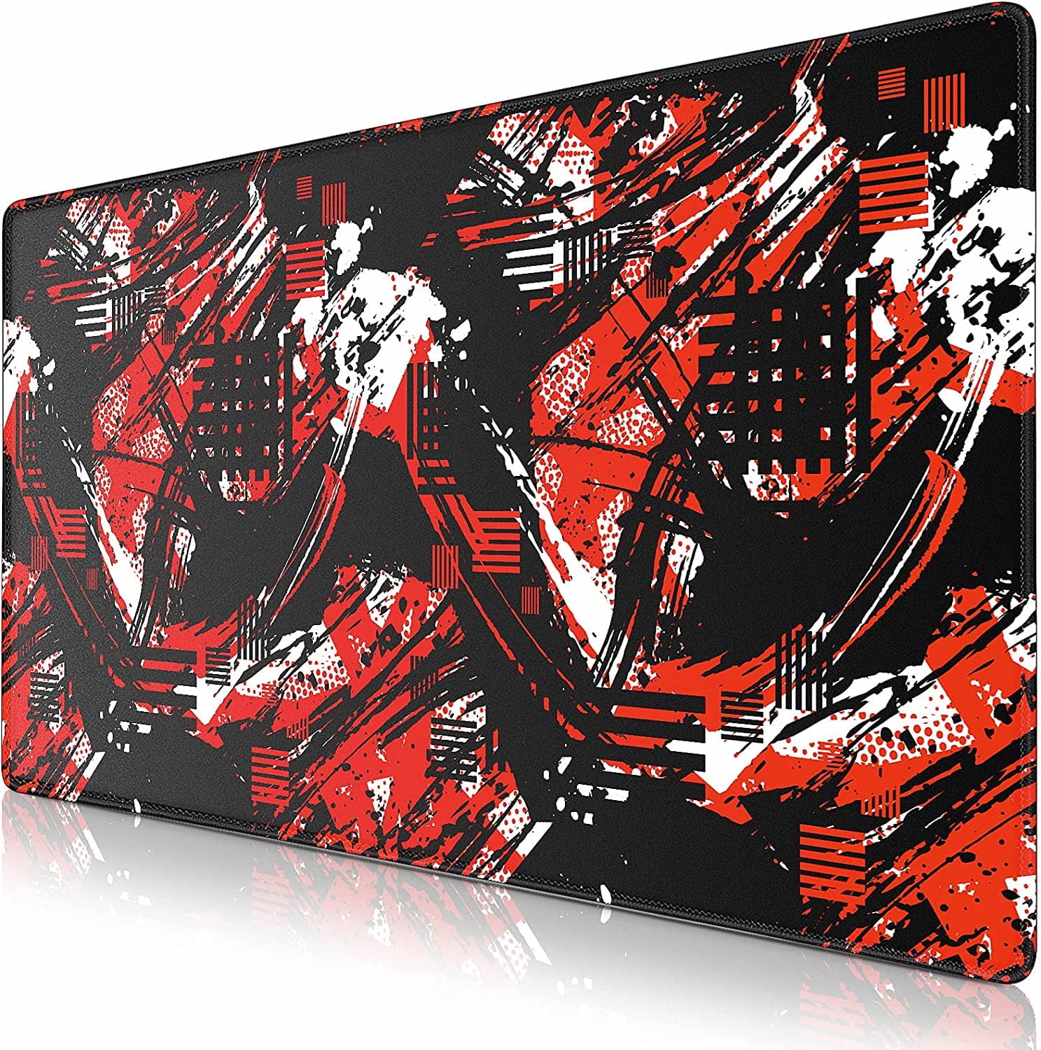Gaming Mouse Pad, Extended Mouse Pad 31.5x15.7inch XXL Large Big Computer Keyboard Mouse Mat Desk Pad with Non-Slip Base and Stitched Edge for Home Office Gaming Work (Black Red Geometric)