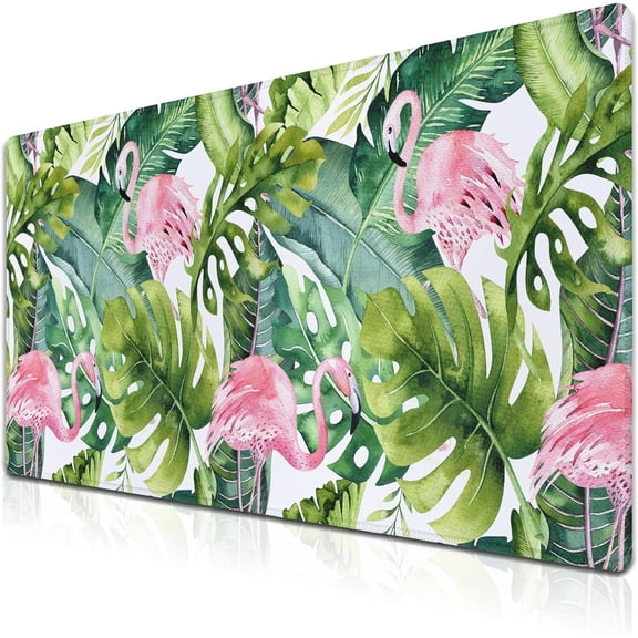 Gaming Mouse Pad Game Mat Pc Mouse Pads Large Desk Pads Computer Desk Pad Waterproof Non-Slip Rubber Base 35.4" X 15.7" for Game Office, Watercolor Tropical Palm Tree with Flamingo