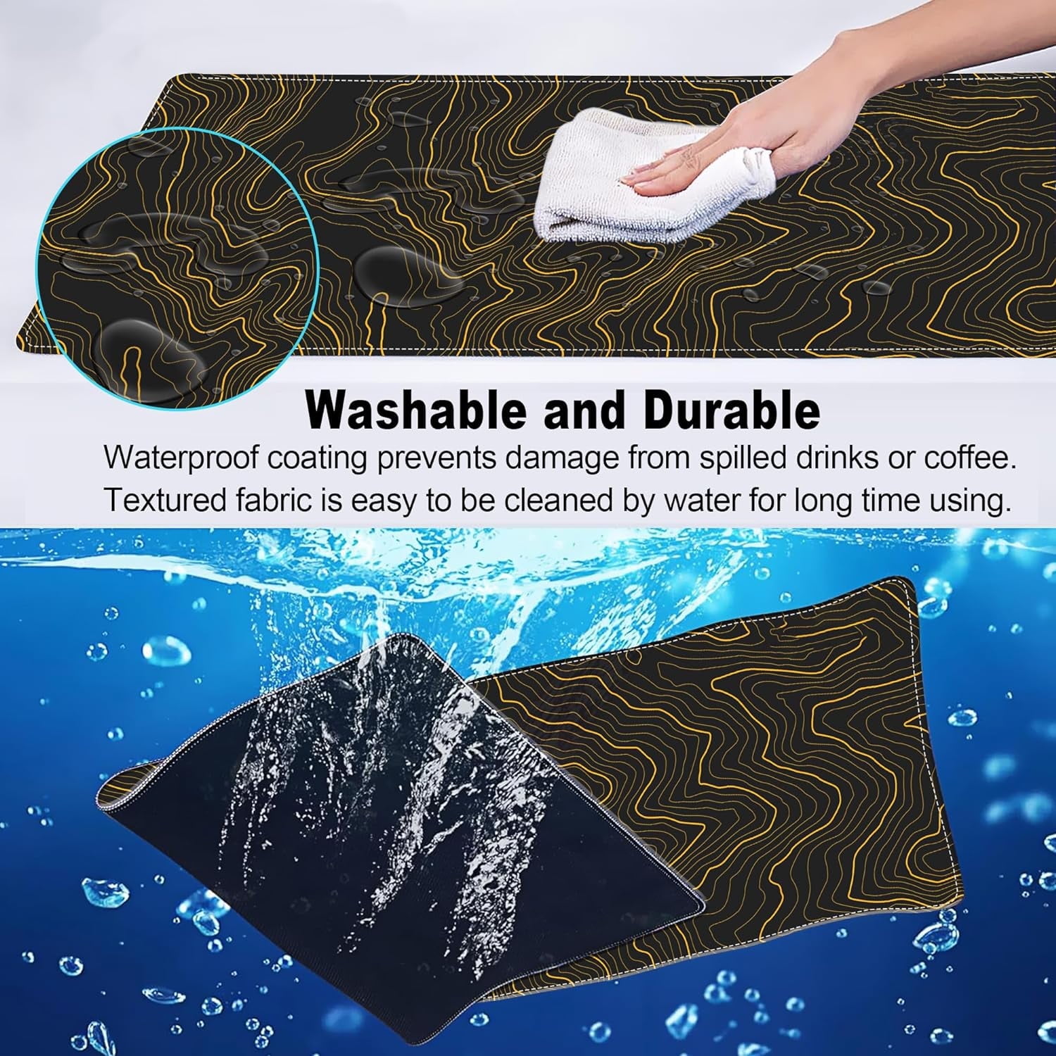Gaming Mouse Pad, Golden Topographic Contour Large Desk Mat, Extended Big XL Desk Pad, Long Computer Keyboard Mousepad with 3mm Non-Slip Base and Stitched Edge for Home Office, 31.5 x 11.8 Inch