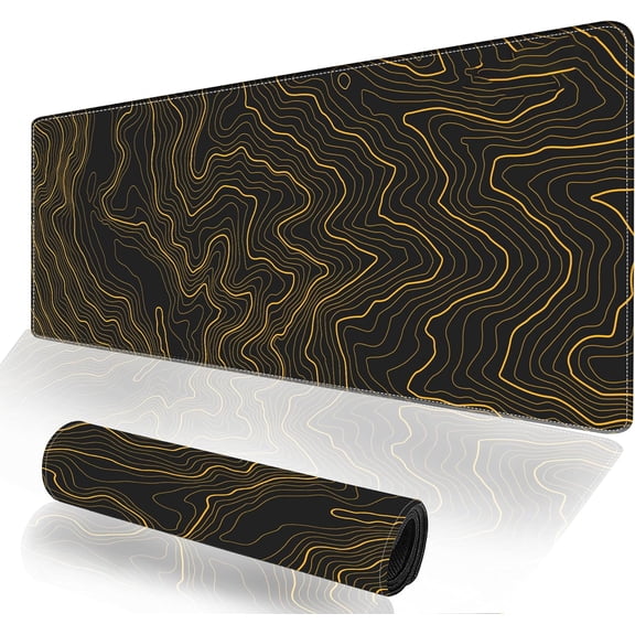 Gaming Mouse Pad, Golden Topographic Contour Large Desk Mat, Extended Big XL Desk Pad, Long Computer Keyboard Mousepad with 3mm Non-Slip Base and Stitched Edge for Home Office, 31.5 x 11.8 Inch