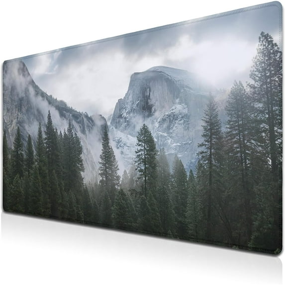 Gaming Mouse Pad Green Long Desk Pad XXL Mouse Pads Computer Desk Mats Chic Office Desk Accessories Non-Slip Rubber Base 35.4" X 15.7" for Game Office, Park Nature Mountain Trees Mist