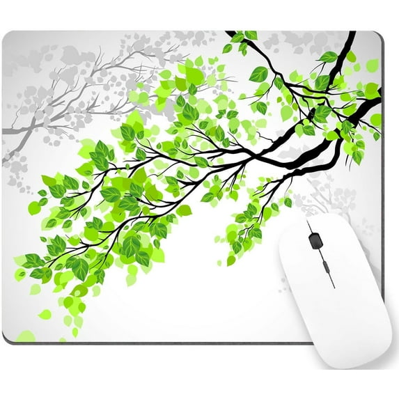 Gaming Mouse Pad, Green and White Leaf on Tree Branch Art Printing Rectangular Mouse Pad, Non-Slip Rubber MousePads for Office Home Laptop, 9""x8""x0.12"" Inch, WMJMP2425