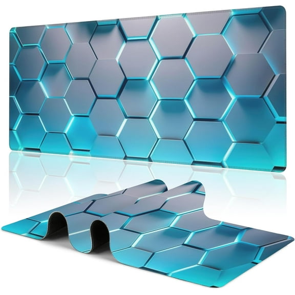 Gaming Mouse Pad,Honeycomb Hexagon Desk Mat,31.5"X15.7" Large Desk Pad with Stitched Edge Non-Slip Base Keyboard Big Mouse Pad for Office Home Work Gaming-Blue