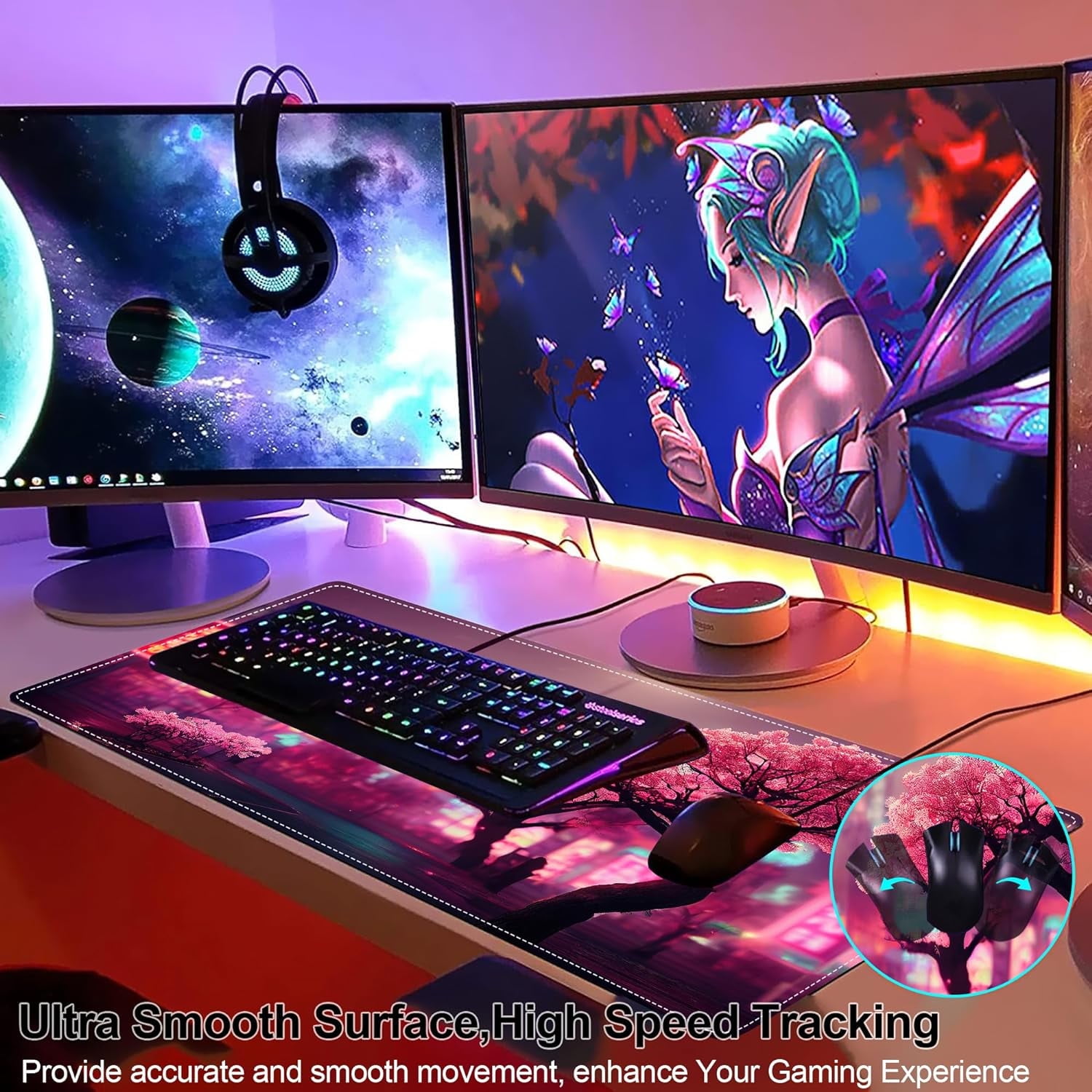 Gaming Mouse Pad, Japanese Night View Pink Cherry Desk Mat with Seamed Edges, Big XXL Waterproof Desk Pad, Non-Slip Rubber Base, 31.5x15.7 Inch Keyboard Pad Computer Mousepad