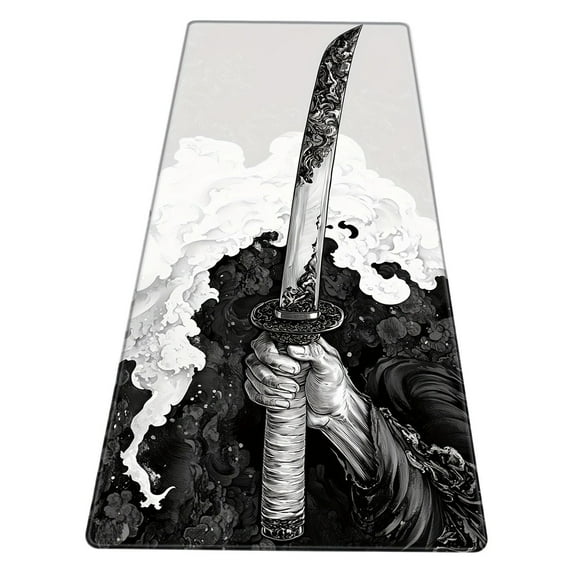 Gaming Mouse Pad Japanese Samurai Sword Black White Mousepad Extended Large Laptop Keyboard Non-Slip Rubber Base with Stitched Edges for Home Office Computer Keyboard Laptop