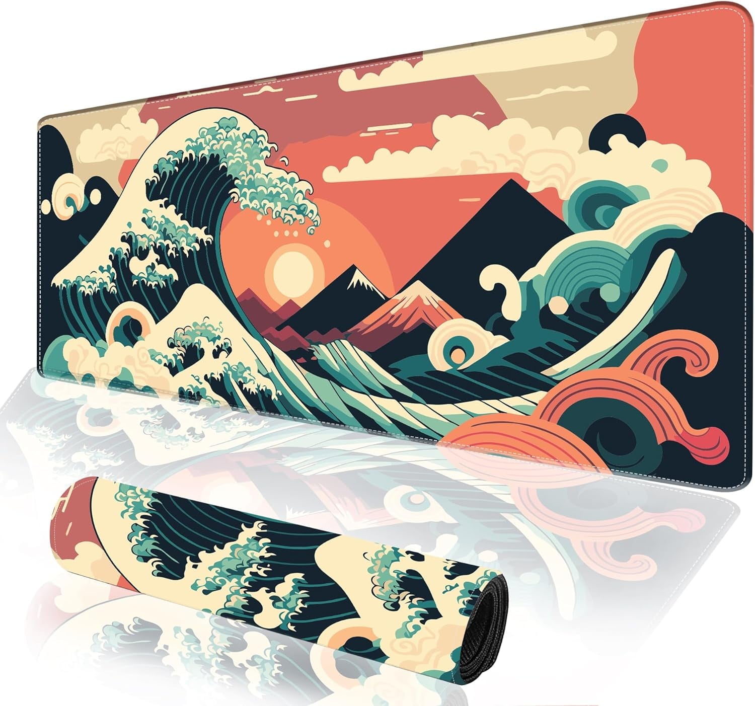 Gaming Mouse Pad, Japanese Sea Wave Sunset on Cloud Extended Large Desk Mat, Big Computer Keyboard Desk Pad, Stitched Edges Mousepad, 31.5 x 11.8 Inch Waterproof Desk Pad for Office Home