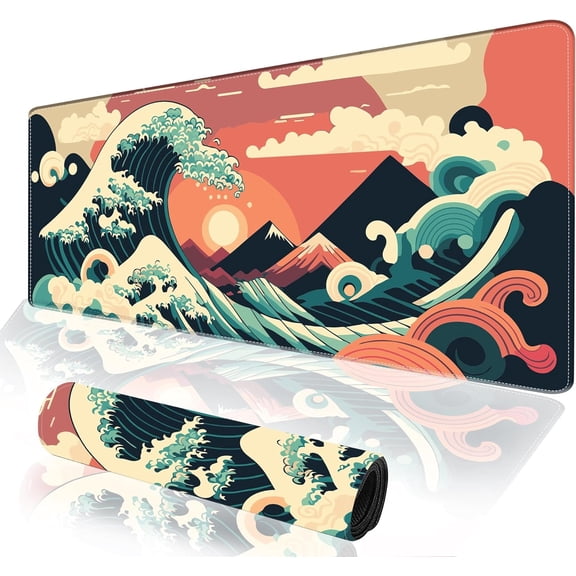 Gaming Mouse Pad, Japanese Sea Wave Sunset on Cloud Extended Large Desk Mat, Big Computer Keyboard Desk Pad, Stitched Edges Mousepad, 31.5 x 11.8 Inch Waterproof Desk Pad for Office Home
