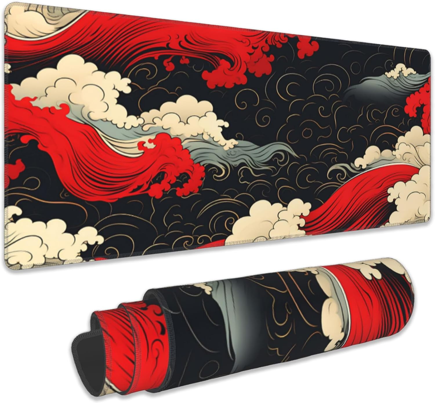 Gaming Mouse Pad, Japanese Sea Waves Extended Mouse Pad Gaming Large, Big Desk Mat with Non-Slip Base and Stitched Edge, Long Computer Keyboard Mouse Mat for Home Office Work 31.5"x11.8"