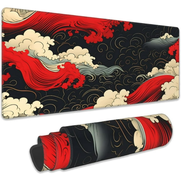 Gaming Mouse Pad, Japanese Sea Waves Extended Mouse Pad Gaming Large, Big Desk Mat with Non-Slip Base and Stitched Edge, Long Computer Keyboard Mouse Mat for Home Office Work 31.5"x11.8"