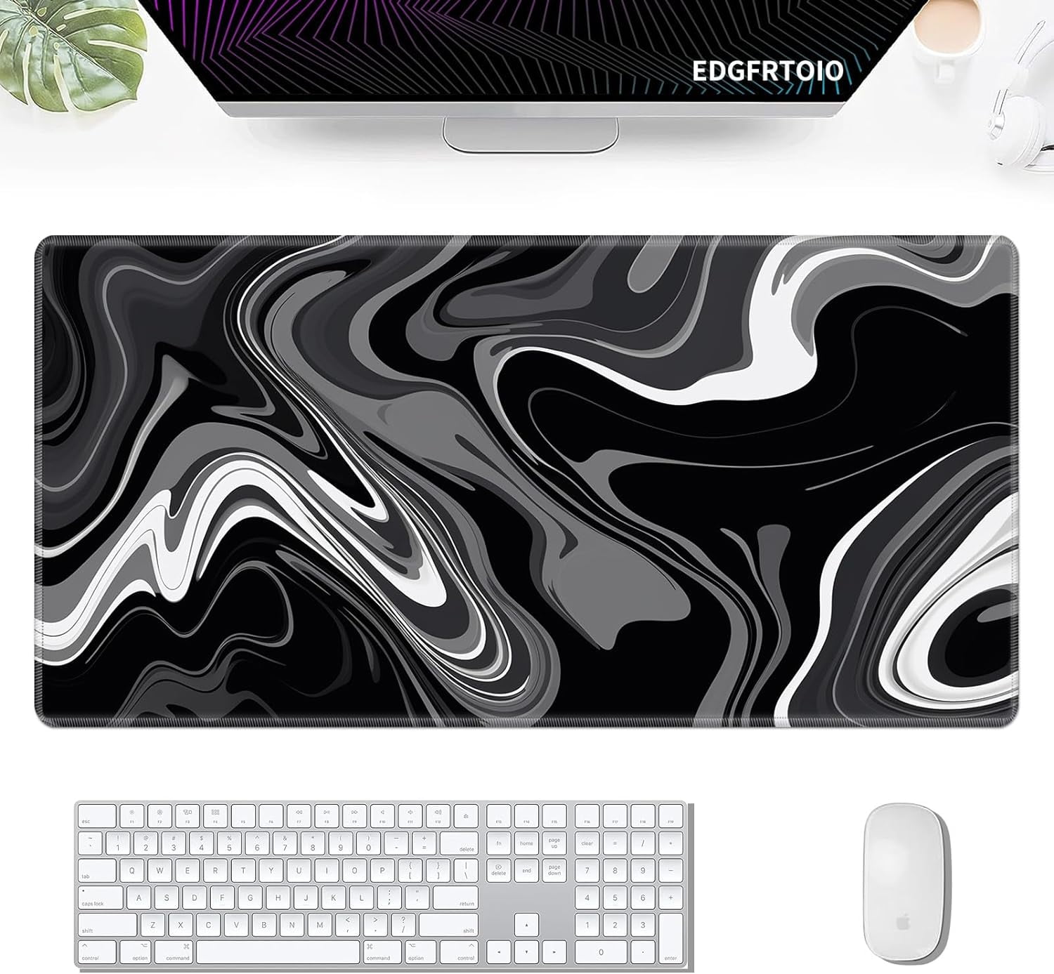 Gaming Mouse Pad, Keyboard Mouse Pad 31.5x15.7 inch XXL Large Computer Laptop Cool Desk Mat with Non-Slip Rubber Base and Stitched Edge for Home Office Work, Black Grey Swirling Liquid