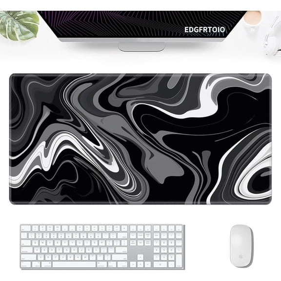 Gaming Mouse Pad, Keyboard Mouse Pad 31.5x15.7 inch XXL Large Computer Laptop Cool Desk Mat with Non-Slip Rubber Base and Stitched Edge for Home Office Work, Black Grey Swirling Liquid