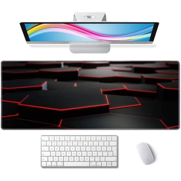 Gaming Mouse Pad Large, Keyboard Mouse Mat Desk Pad, Non-Slip Rubber Base with Stitched Edges Mousepad, 31.5X11.8 inch Abstract Black Hexagon Background with Red Line
