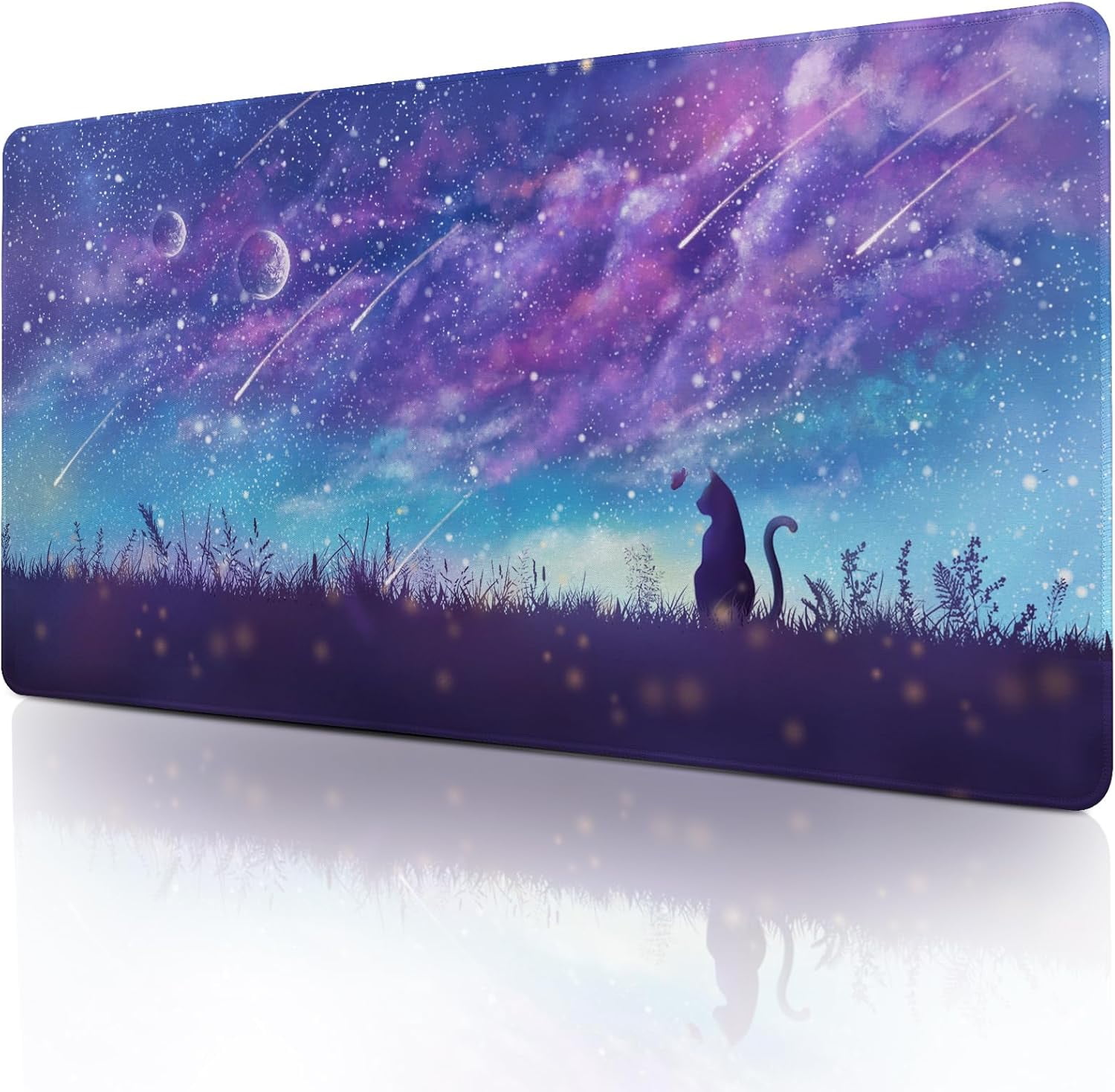 Gaming Mouse Pad, Large Mouse Pad for Desk, Desk Mat Extended Mousepad, Cute Purple DeskPad with Non-Slip Rubber Base, Computer Mats for Desktop Home Office (31.5"x15.7", Cat)