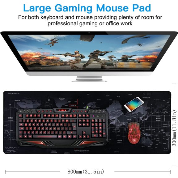 Gaming Mouse Pad, Large Mouse Pad Size 31.5x11.8 Thickness 0.1inches,Premium-Textured Non-Slip & Waterproof Computer Mousepad with Stitched Edges for Gaming, Office & Home-80x30 Map002