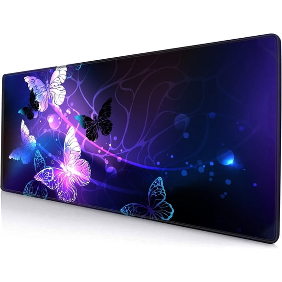 Gaming Mouse Pad, Large Mouse Pads for Women, Non-Slip Rubber Base Mousepad, Keyboard Mouse Mat, Desk Pad with Stitched Edges, 31.5x11.8inch, Purple Butterfly