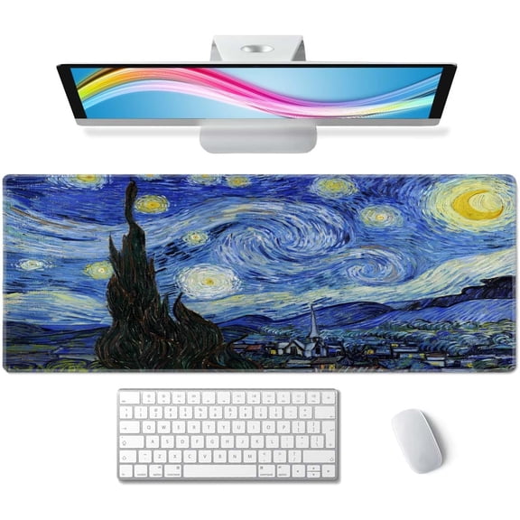 Gaming Mouse Pad, Large Non-Slip Rubber Base Mousepad, Keyboard Mouse Mat, Desk Pad with Stitched Edges, 31.5x11.8inch, Vincent Van Gogh - The Starry Night