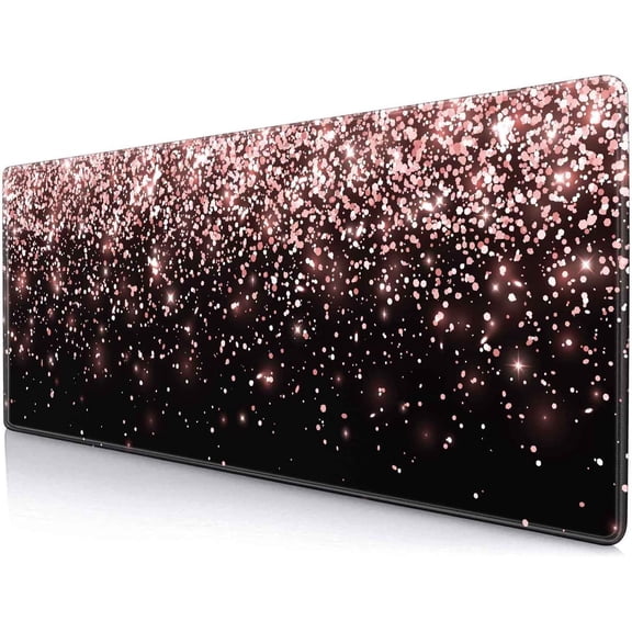 Gaming Mouse Pad, Large Non-Slip Rubber Base Mousepad with Stitched Edges, Keyboard Mouse Mat Desk Pad for Work, Game, Office, 31.5x11.8 Inch - Rose Gold Black Glitter Luxury