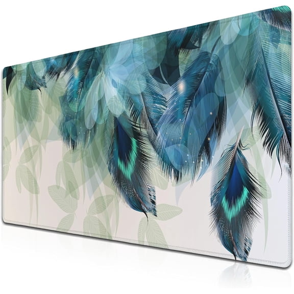 Gaming Mouse Pad Navy Desk Mat Large Desk Pads Mens Office Accessories Pad for Table Non-Slip Rubber Base Waterproof with Stitched Edges 35.4" X 15.7" for Game Office, Peacock Feather