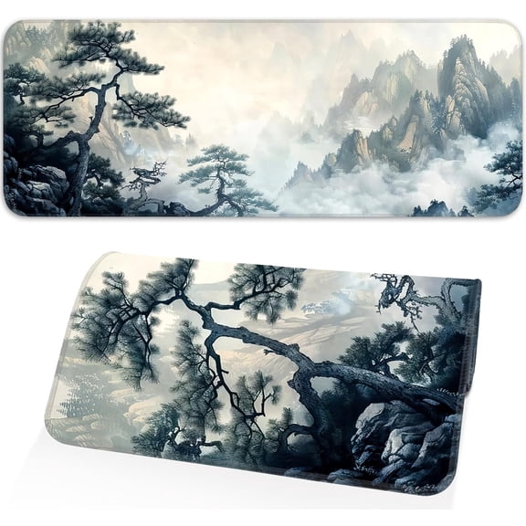 Gaming Mouse Pad, Non-Slip Rubber Base, Enlarged Mouse Pad with Stitching for Gaming, Office and Home, 31.5x11.8 Inch, Mountain Ink Painting