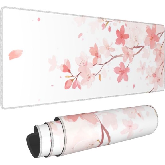 Gaming Mouse Pad Pastel Flower Cherry Blossom Non-Slip Rubber Base Extended Mousepad with Stitched Edges Keyboard Computer Laptop Mat for Gamer Desktop Office Home 31.5 x 11.8 in