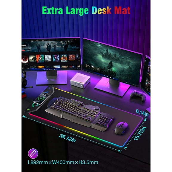 Gaming Mouse Pad RGB, 35"x15.8" Large Keyboard Desk Mat with Magnetic Wireless Charging for iPhone, 24 Light Effects, Non-Slip Base, Waterproof Ultra-Smooth Surface, with Adapter, Black