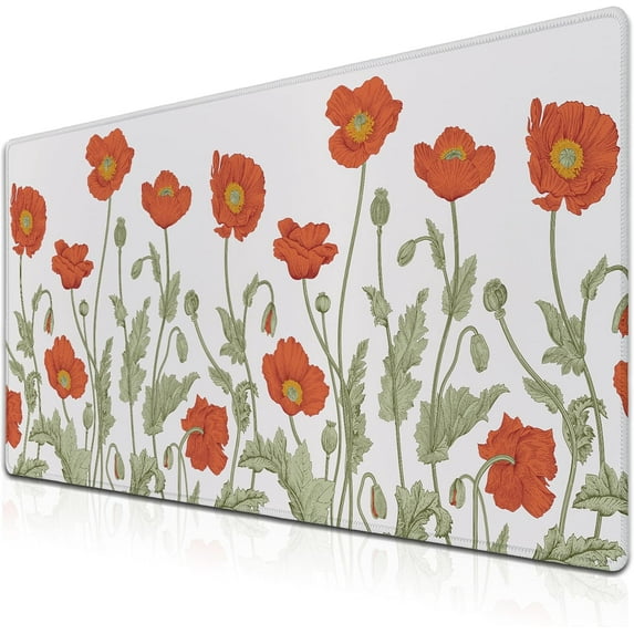 Gaming Mouse Pad Red Work Desk Mat, Large Mouse Pads Computer Deskmat, The Desk Mat Non-Slip Rubber Base Waterproof with Stitched Edges, 35.4" X 15.7" for Work/Game/Office/Home Poppies Flower