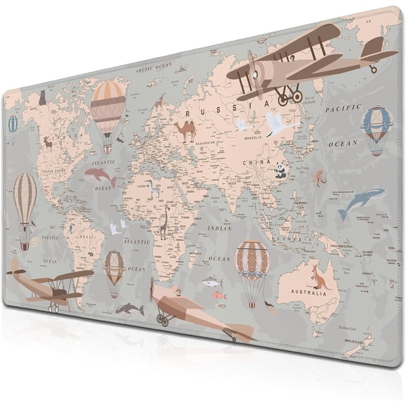 Gaming Mouse Pad Retro Long Mousepad, Large Desk Pads Computer Desk Mat, The Desk Pad Non-Slip Rubber Base, 35.4 X 15.7 inch for Work/Game/Office/Home World Map with Balloons and Animals