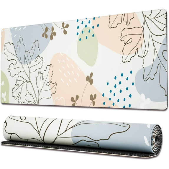 Gaming Mouse Pad with Stitched Edges, Boho Aesthetic Mouse Pad with Minimal Flower Plants, Extended XL Mousepad with Anti-Slip Base, Cute Large Mouse Pad for Desk, 31.5 x 11.8 in, Pastel