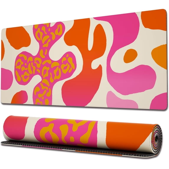 Gaming Mouse Pad with Stitched Edges, Boho Aesthetic Pink Mouse Pad Abstract, Extended XL Mousepad with Anti-Slip Base, Cute Large Mouse Pad for Desk, 31.5 x 11.8 in, Pink Leopard Print