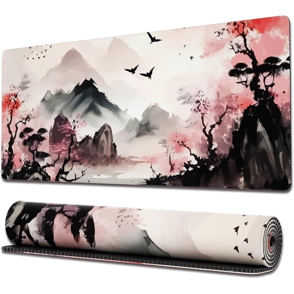 Gaming Mouse Pad with Stitched Edges, Japanese Mouse Pad with Cherry Blossom, Extended XL Mousepad with Anti-Slip Base, Cool Large Mouse Pad for Desk, 31.5 x 11.8 in, Black and Red