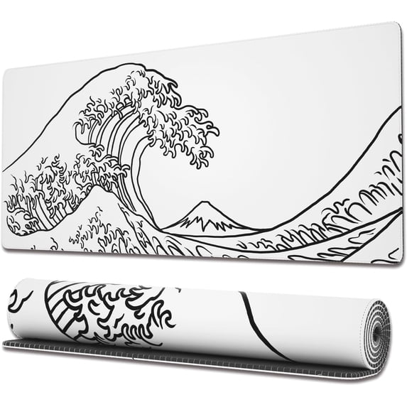 Gaming Mouse Pad with Stitched Edges, Japanese Wave White Mouse Pad, Extended XL Mousepad with Anti-Slip Base, Cool Large Mouse Pad for Desk, 31.5 x 11.8 in, White
