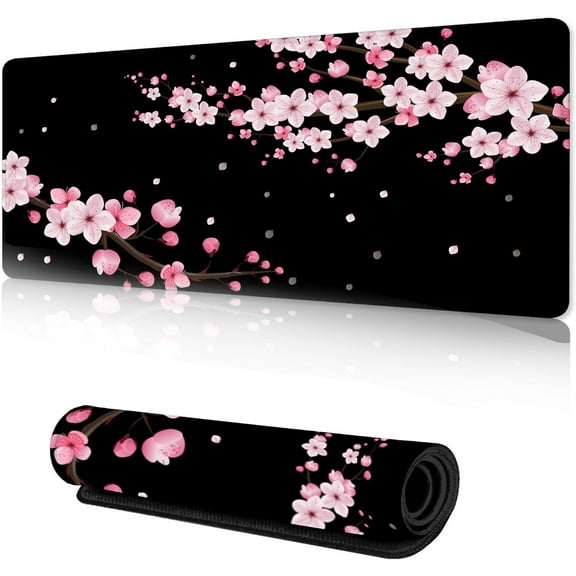 Gaming Mouse Pad with Stitched Edges,Sakura Cherry Blossoms Desk Mat, Extended XL Mousepad with Anti-Slip Base, Cool Desk Pad for Keyboard and Mouse,35.4''''×15.7''''