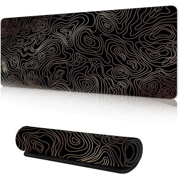Gaming Mouse Pad with Stitched Edges,Topographic Gold Contour Map Desk Mat, Extended XL Mousepad with Anti-Slip Base, Cool Desk Pad for Keyboard and Mouse,35''×15.7''