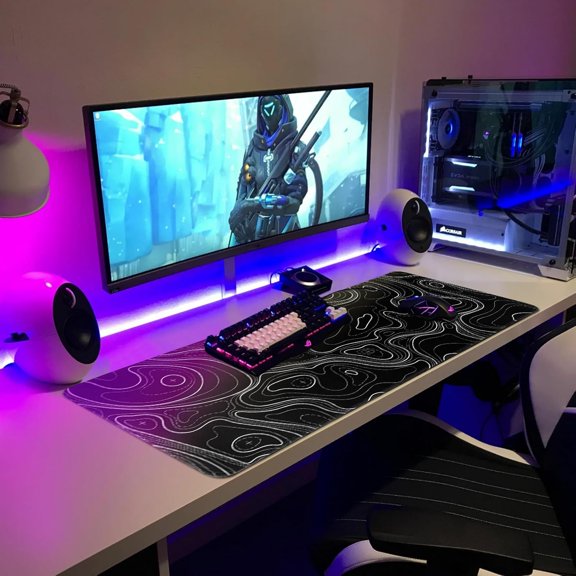 Gaming Mouse Pad Topographic Contour Large Desk Mat Long Computer Keyboard Mouse Mat Mousepad with Slip Base Desk Pad Edge for Home Office Work (Black)