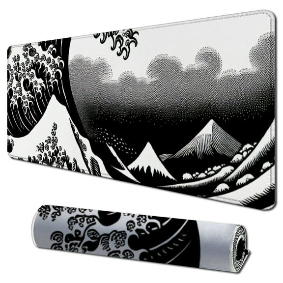 Gaming Mouse Pad, Wireless Charging LED Mouse Pad  Large RGB Mousepad,Light Modes Non-Slip Rubber Base Keyboard Mat for Computer PC Gamer (Black Wave of Kanagawa)