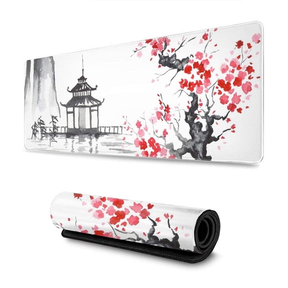 Gaming Mouse Pad XL Japanese Painting Cherry Blossom Extended Large Mouse Pad Long Desk Mat with Stitched Edges 80x30cm