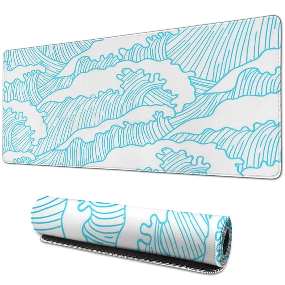 "Gaming Mouse Pad XL - Non-Slip, Stitched Edges, Japanese Blue & White Wave Design"