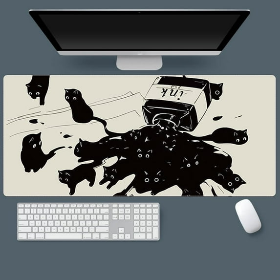 Gaming Mouse Pad XXL Extended Anime Mouse Pad 31.5x15.7inch, Large Cute Kawaii Big Computer Mouse Mat Desk Pad with Non-Slip Rubber Base and Stitched Edge for Home Office-Black Ink Cat