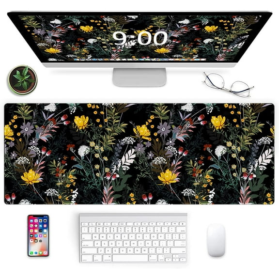 Gaming Mouse Pad XXL XL Large Mouse Pad Mat Long Extended Mousepad Desk Pad Non-Slip Rubber Mice Pads Stitched Edges Thin Pad (31.5x11.8x0.12 Inch)-Weed Wildflower