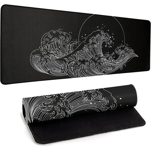 Gaming Mouse Pad for Desk Large Desk Pad Office Desk Mat with Stitched Edge Non-Slip Waterproof Sea Wave Black Mousepad for Office Home