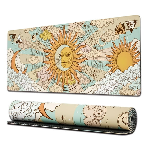 Gaming Mouse Pad with Stitched Edges, Sun and Moon Large Mouse Pad, Extended XL Cute Mousepad Gaming with Anti-Slip Base, 31.5 x 11.8 in, Pastel