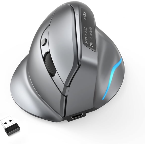Gaming Mouse with Smart Display, Wireless Vertical Ergonomic Mouse, 3-Mode 2.4G/Bluetooth/Wired, 8 Programmable Buttons, 3200 DPI RGB Backlit Rechargeable Mouse for PC Laptop (Gray)