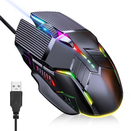 Gaming Mouse Wired, EEEkit USB Computer Mouse with 4 Adjustable DPI Up to 3200DPI, RGB Backlit LED, 6 Buttons, Ergonomic Optical Mice for PC, Laptop, Windows, Mac, Gamer-Black