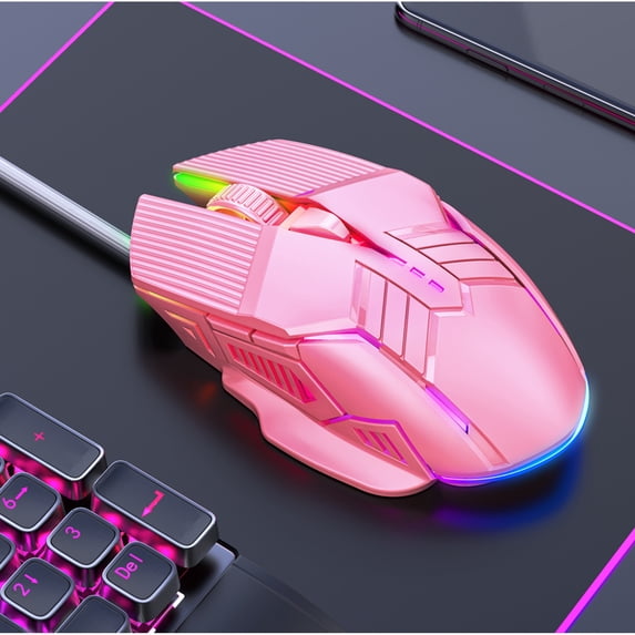 Gaming Mouse, Wired RGB Luminous 6D Mechanical Mute Mouse, 4-Gear DPI Adjustable Ergonomic PC Computer Gaming Mouse for Desktop Laptop, Pink