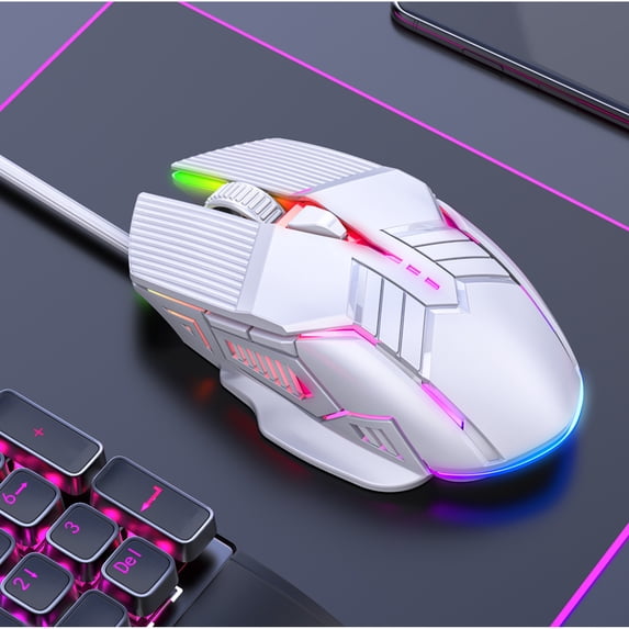 Gaming Mouse, Wired RGB Luminous 6D Mechanical Mute Mouse, 4-Gear DPI Adjustable Ergonomic PC Computer Gaming Mouse for Desktop Laptop, White