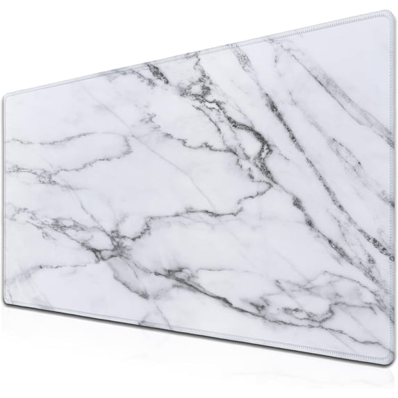 Gaming Mousepad White Gray, Large Mousepad Office Desk Mats, Gaming Mouse Mat Non-Slip Rubber Base Waterproof with Stitched Edges, 35.4 X 15.7 inch for Work/Game/Office/Home Marble Texture