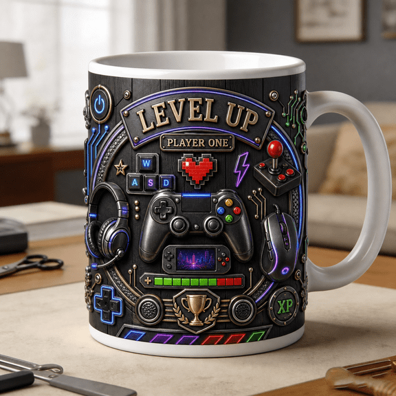 Gaming Mug 3D Effect Level Up Player One Gamer Gift