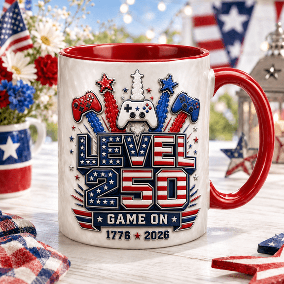 Gaming Mug Patriotic Level 250 Design for 4th of July Gamer Gift Coffee Cup